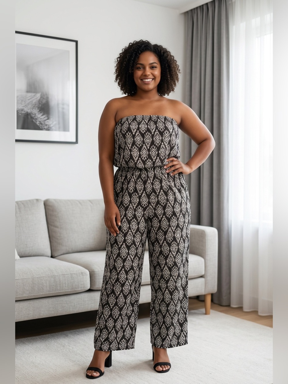 Fun & Flirt Strapless Black and White Geometric Jumpsuit – Size XL (Worn Once)